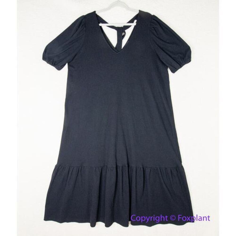 New! Eloquii cotton blend black texture v neck flounce hem dress, 14/16